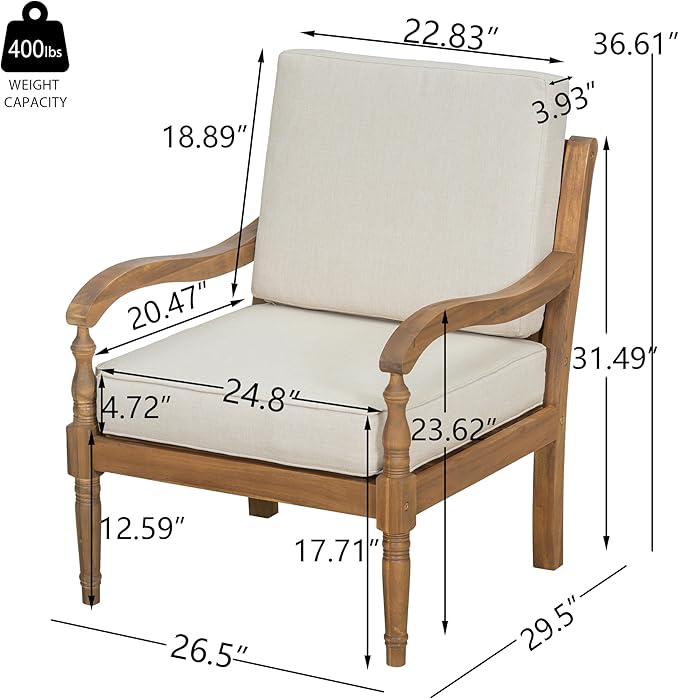 4-Piece Patio Conversation Set, All Weather Outdoor Acacia Wood Sofa Seating Group with 2 Chairs, Loveseat, Coffee Table, 4.72 inch Thick Cushions