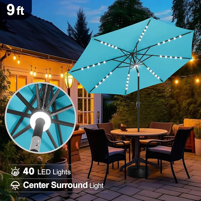FLAME&SHADE 9 FT outdoor umbrella with 40LED lights, solar light patio umbrella with Centre Surround Light, Table Market Umbrella Outdoor Patiofor Deck, Pool, Backyard, Garden (Aqua Blue)