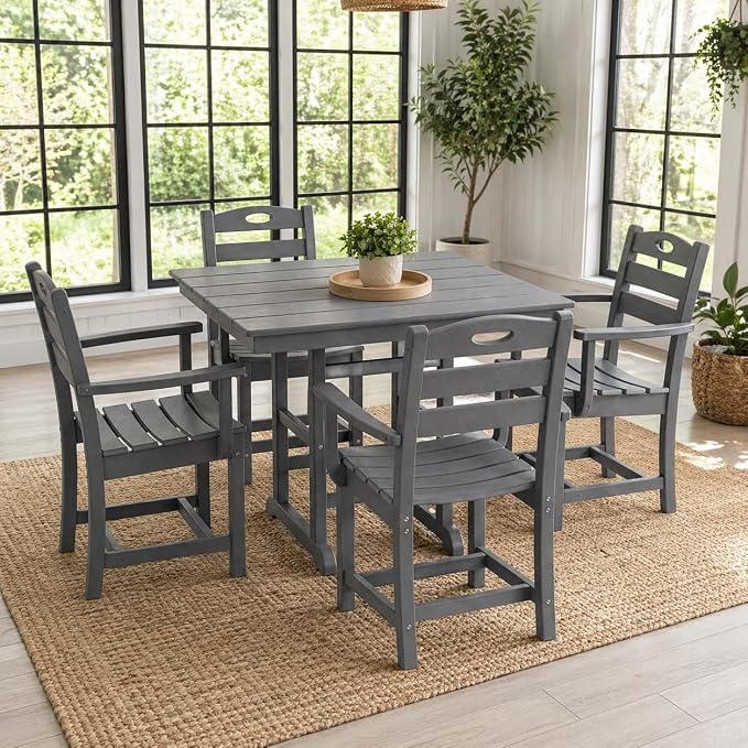 WILLIAMSPACE 37.8" Outdoor Patio Dining Set with 4 Armchairs, All Weather HDPE Square Dining Table with Umbrella Hole, Patio 5-Piece Bistro Set for Backyard, Balcony, Lawn, Kitchen (Gray)