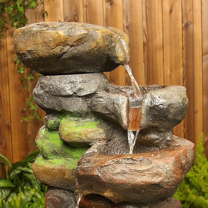 YZM 6-Tiered Outdoor Floor Rock Water Fountain Cascading Waterfall Fountains Indoor Led Lights for Home Garden Patio with Natural Stone Look 37.4" H