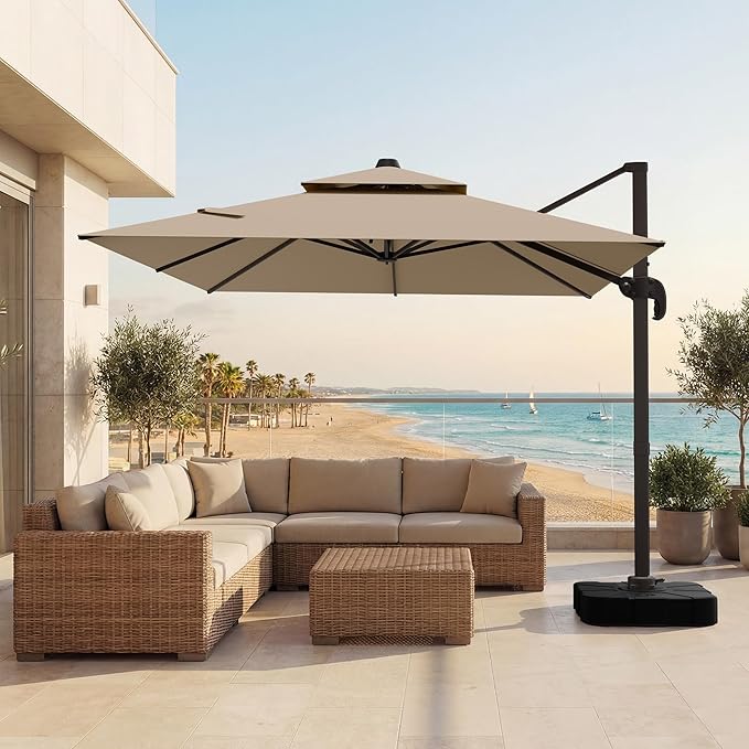 9x12 FT Patio Cantilever Umbrella (Base Not Included) (Base Not Included), Rectangular Heavy Duty Offset Umbrella for 6-8 People, 360°Rotation & Mult Tilt, Double Top Design, for Pool Garden Deck (Tan)