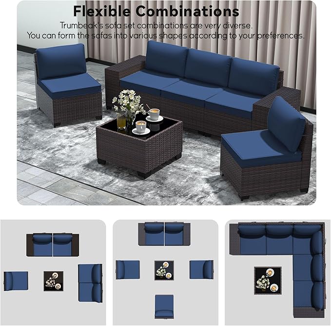 Patio Furniture Set 9 Pieces Outdoor Swivel Rocking Chairs Sofa Set,PE Rattan Wicker Patio Conversation Set with Thickened Cushions and Glass Coffee Table,NavyBlue