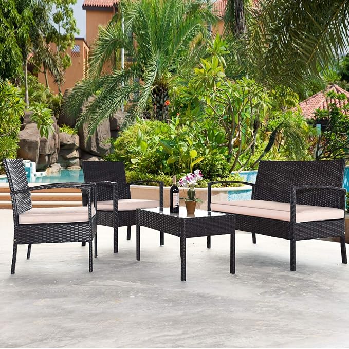 Tangkula 8 Piece Rattan Patio Furniture Set, All Weather Heavy Duty Wicker Outdoor Conversation Set,Includes Loveseat Bench, Single Chairs and Coffee Table, for Porch, Backyard, Garden, Poolside (2)