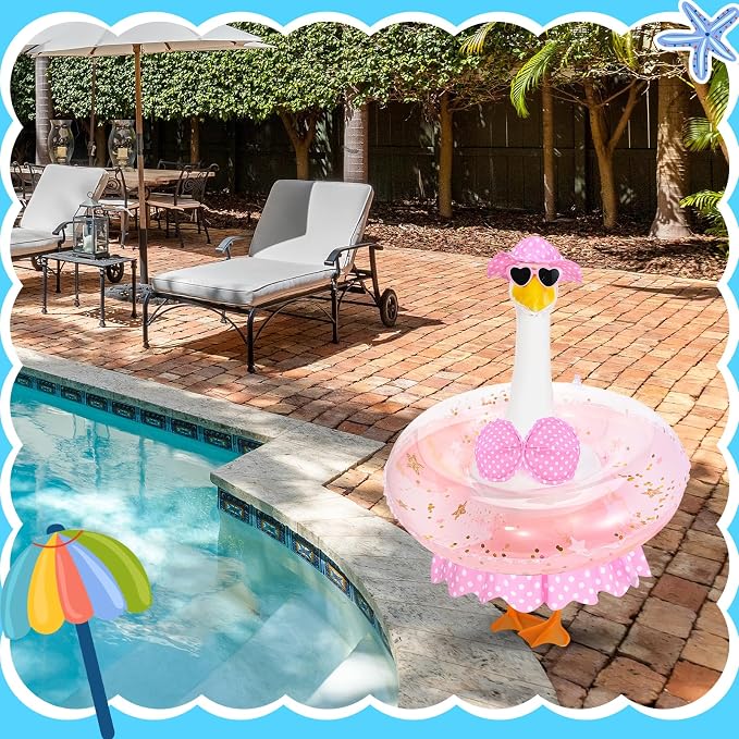 Hawaiian Porch Goose Outfits Summer Bikini Goose Outfit Fits 23" Goose Statue with Hat Sunglasses & Swimming Ring for Cement Yard Decor (Pink)