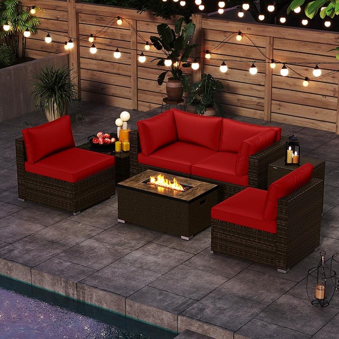 Tangkula 7 Pieces Outdoor Sectional Sofa Set Set with 32” Fire Pit Table and Propane Tank Cover, for Deck, Garden and Backyard, Fire Pit Protective Cover Included (Red)