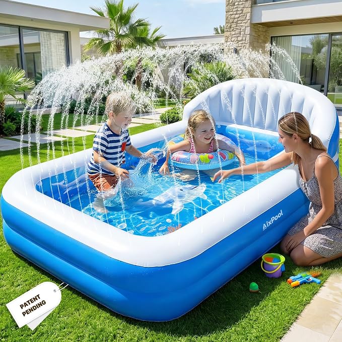 2026 Inflatable Pool with Sprinkler,Durable Blow up Pool with Big Backrest, Rectangle Kid Pool Backyard,Children Swimming Pool,Small Inflatable Kiddie Pool,Outdoor Water Pool for Kid68×38×22IN