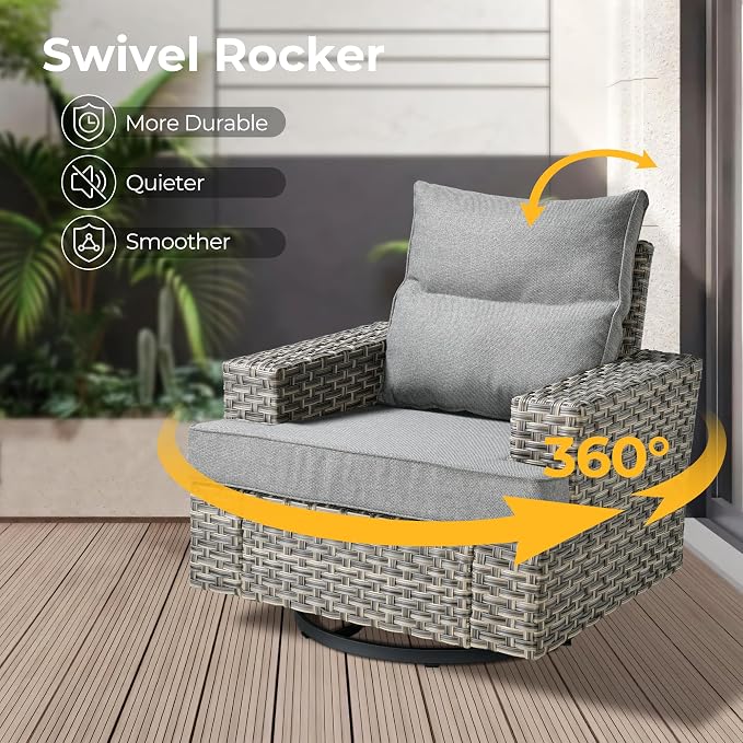 HOOOWOOO Sectional Patio Furniture Set with Fire Pit Table,10 Pieces Wicker Outdoor Furniture L Shaped Couch,Outside Conversation Set Extra Deep Seat Sofa Wide Arm Swivel Chairs Solar Table,Dark Gray