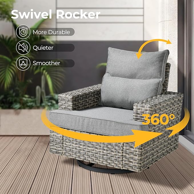 HOOOWOOO Outdoor Sectional Patio Furniture Set with Fire Pit Table,15 Pieces Wicker Conversation Sets L Shaped Couch,Extra Deep Out Door Sofa Outside Furniture with Swivel Chairs Ottoman,Charcoal Gray