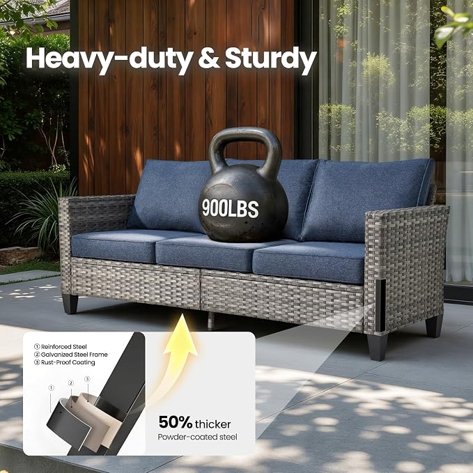 6 Piece Wicker Patio Furniture with Swivel Rocker Chair,Denim Blue | High Back Swivel Rocker Chairs, Outdoor Sofa Ottoman, Heavy Duty, All Weather Rattan Modern Conversation Sets, Deck Backyard