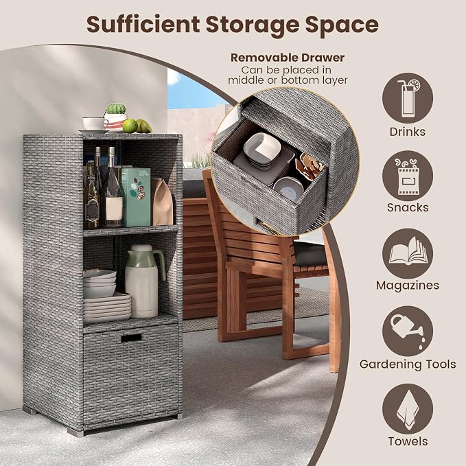 Tangkula Rattan Outdoor Storage Cabinet, Patiojoy Outdoor Wicker Cabinet with 3 Shelves, 1 Removable Drawer, Patio Storage Deck Box for Backyard Poolside Porch