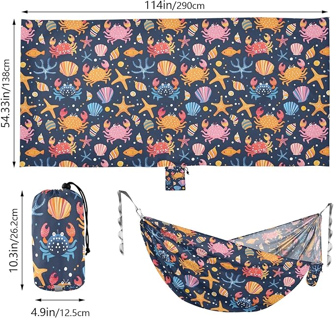 Camping Hammock Outdoor Hammocks for Outside Crabs Shells Starfish Beach Trees Portable Lightweight with Pockets Tree Straps Indoor