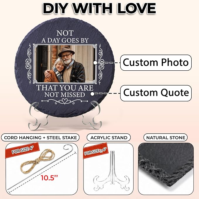 Personalized Photo Memorial Garden Stones for Loved Ones, Garden Stones in Memory of Dad Mom, Bereavement Sympathy Gift with Picture, Indoor Outdoor Weatherproof Natural Slate Stone