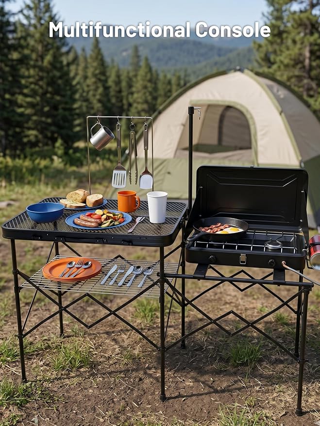 TIMBER RIDGE Portable Camping Kitchen Station, Folding Outdoor Grill Table | 110lbs Capacity Heat-Resistant Steel Mesh Top & Storage Shelves, Heavy Duty Picnic RV Tailgating BBQ Easy Setup