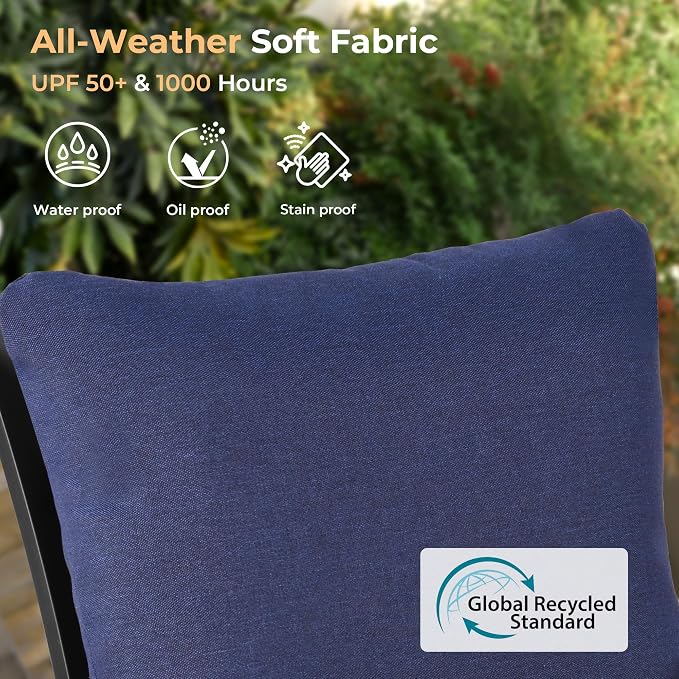 HAPPATIO 9-Piece Patio Dining Set, Outdoor Dining Set with Powder-Coated Metal, Dining Table with Umbrella Hole, 6 Stackable and 2 Swivel Chairs with Removable Cushions for Porch Pool Garden,Navy Blue