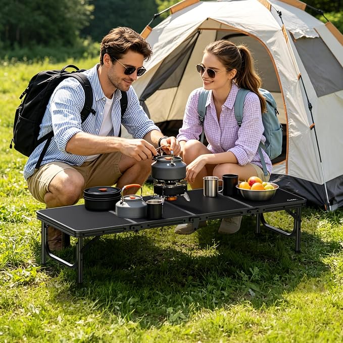 Anbte 4ft Low Folding Picnic Table, Thicker Aluminum Small Camping Table with Storage Bag, Portable Handle, Lightweight, for Camping Beach Party Picnic Floor, 45.67" x 15.7" x 10.3", Black
