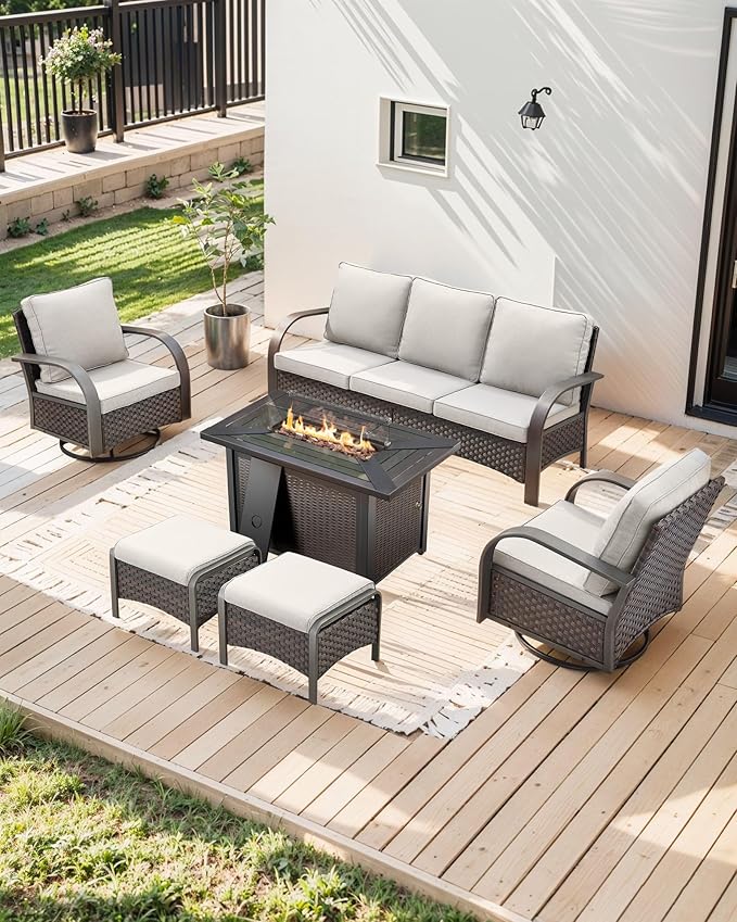 HUMMUH Patio Conversation Sets with Fire Pit-All Weather Wicker Outdoor Swivel Chair with Patio Couch Outdoor Patio Furniture for Deck Porch Garden Poolside Backyard-Brown/Beige