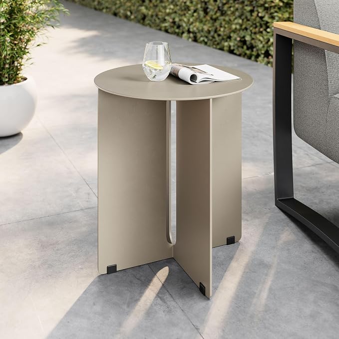 Modway Tecton Aluminum Outdoor Patio Round Side Table in Khaki - 15 inch Porch Garden Table - Tall Poolside End Table - Small Metal Accent Table - Powder-Coated Aluminum Patio Furniture