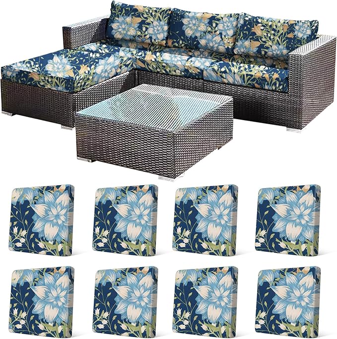 CALBODE 8Pcs Stretch Patio Cushion Cover, Printed Couch & Sofa Slipcovers for Patio Furniture Cushions Washable Reusable Couch Covers Replacement for Autumn Winter (Dark Blue Floral, Cover Only)