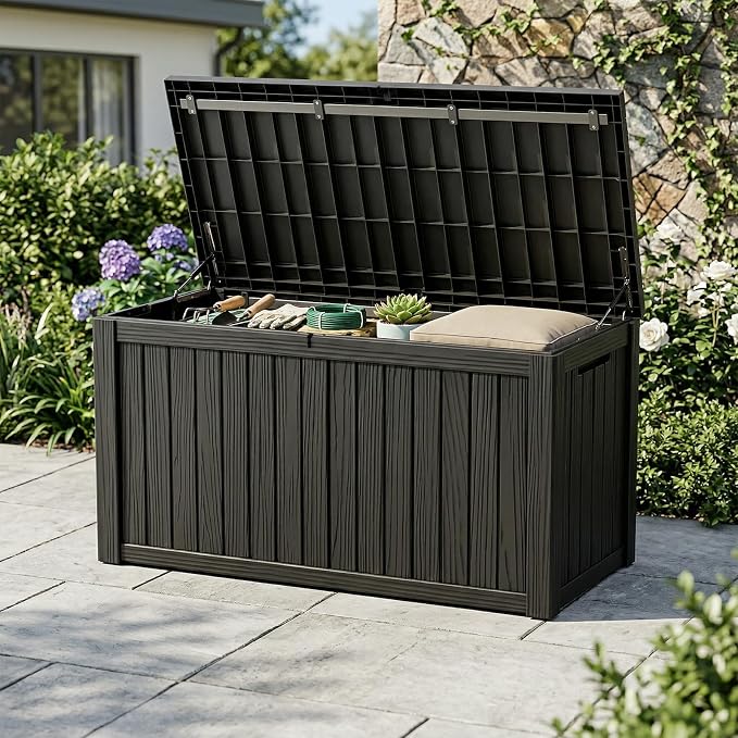 190 Gallon Large Outdoor Storage Box Waterproof, UV Resistant Resin Deck Box with Hydraulic Rod & Lockable Latch for Patio Furniture, Outside Storage Box for Garden Tools, Patio Cushions, Black