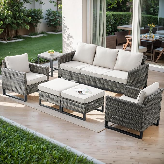 Rilyson Wicker Outdoor Patio Furniture Set - 6 Piece Patio Conversation Set with 2 Armrest Chairs,2 Rattan Ottoman,1 Couch and 1 Metal Side Table for Outside Porch Deck Backyard(Mixed Grey/Beige)