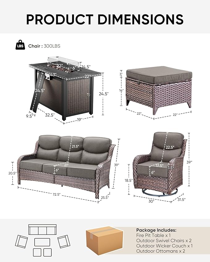 HUMMUH 6 Pieces Patio Furniture Set with Fire Pit High Back Outdoor Furniture Set 6-inch Cushions Wicker Patio Swivel Rocker Chairs for Balcony Garden,Lawn,Deck