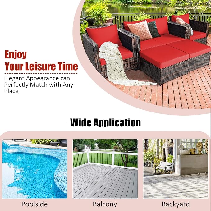 Tangkula 5 Pieces Patio Wicker Furniture Set, Outdoor Rattan Sofa Set with Loveseat, 2 Single Sofas, 2 Ottomans & Removable Cushions, Sectional Daybed Sofa Set for Yard, Garden, Poolside, Red