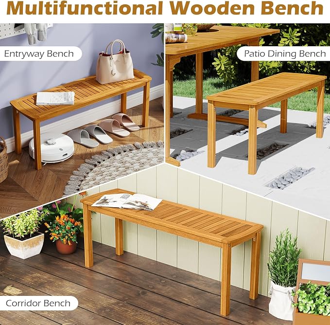 HAPPYGRILL 3 Pieces Acacia Wood Outdoor Dining Set for 4 People, Patio Table & Bench Set with Umbrella Hole, Outside Picnic Furniture