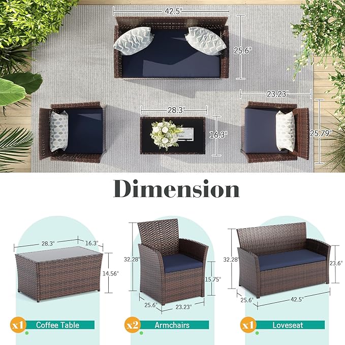 4 Piece Outdoor Patio Furniture Set, All-Weather Wicker Conversation Sets Include Coffee Table, Armchair, Loveseat, Sectional Furniture for Indoor Outdoor Backyard Pool Garden (Brown & Blue)