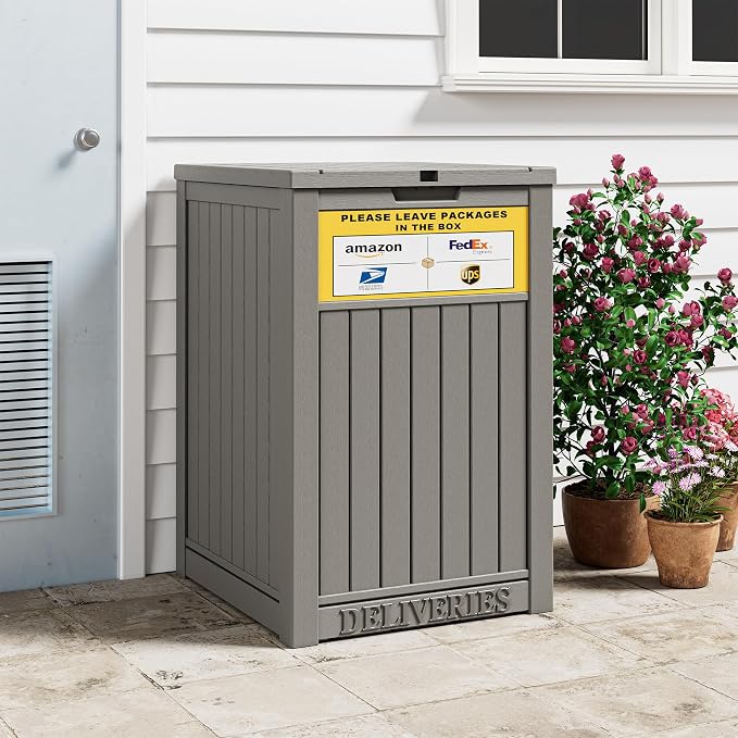 Package Delivery Box for Outside With Sign, Lockable Outdoor Storage Box Waterproof Deck Box, Large Double Wall Resin Parcel Drop Boxes, 48 Gallon, Classic Gray