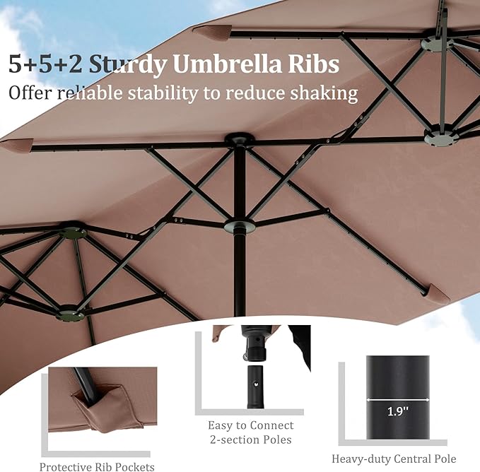 HAPPYGRILL 13 FT Double-sided Patio Umbrella with Solar Lights, Crank Handle & 12 Heavy-Duty Ribs, Outdoor Twin Size Oversized Rectangle Market Umbrella for Garden Deck Poolside