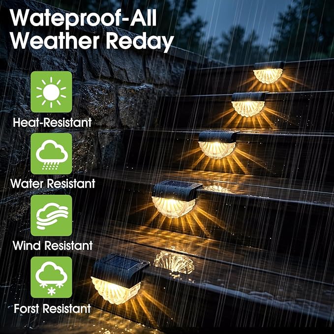 Greluna Solar Fence Lights Outdoor, 12 Pack Waterproof Deck Lights, Auto Dusk to Dawn Step Lights with Warm White Glow, Easy Install for Fence, Patio, Stairs, Pathway, Garden Lighting