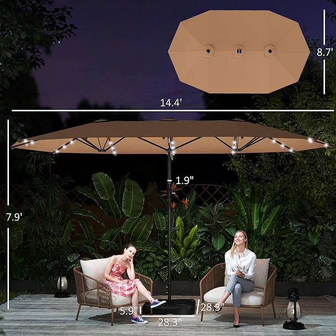 Outsunny 14.4ft Large Patio Umbrella with 36 Solar LED Lights, Double Sided Outdoor Umbrella with Base Included