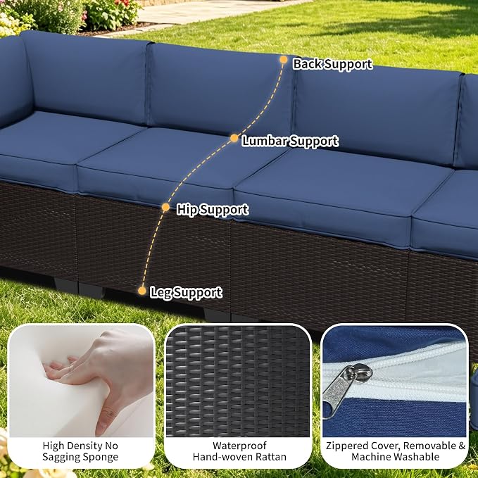 7 Pieces Outdoor Patio Furniture Set, Wicker Modular Sectional Sofa, All Weather Conversation Sets with Glass Table for Yard, Garden, Poolside, Dark Brown Rattan & Navy Blue Cushions