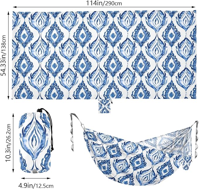 Camping Hammock Outdoor Hammocks for Outside Shibori Waves Blue Line Beach Trees Portable Lightweight with Pockets Tree Straps Indoor