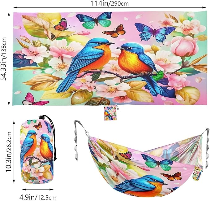 Hammocks for Outside Blue Birds Camping Hammock Portable Hammocks with Tree Straps and Carry Bag Camping Accessories for Hiking Beach Outdoor