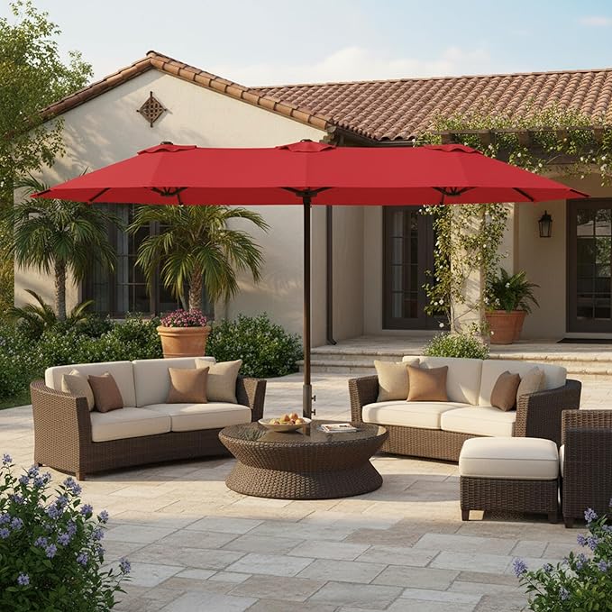 15FT Large Patio Umbrella with Base, Double Sided Rectangular Outdoor Umbrella with Sturdy Fiberglass Ribs, UPF 50+ Sun Protection, Wind-Resistant, Waterproof Fade-Resistant Fabric for Pool, Garden, Backyard, Deck(Red)