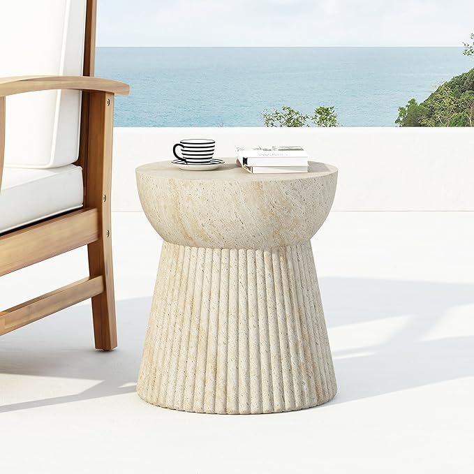 Merax Outdoor Lightweight Concrete Side Table Hourglass Shape 15" Dx17 H Weather Resistant Garden Balcony Patio End Table, No Assembly Required, Beige