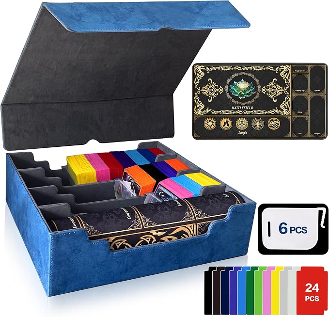 PROMAXIBINDER Trading Card Storage Box Fits 4000+ Cards, 4-Row MTG Commander Deck Case with Playmat, 6 Movable Partitions 24 Dividers PU Leather Magnetic Closure, Magic/TCG/YuGiOh/Sport (Blue&Grey)