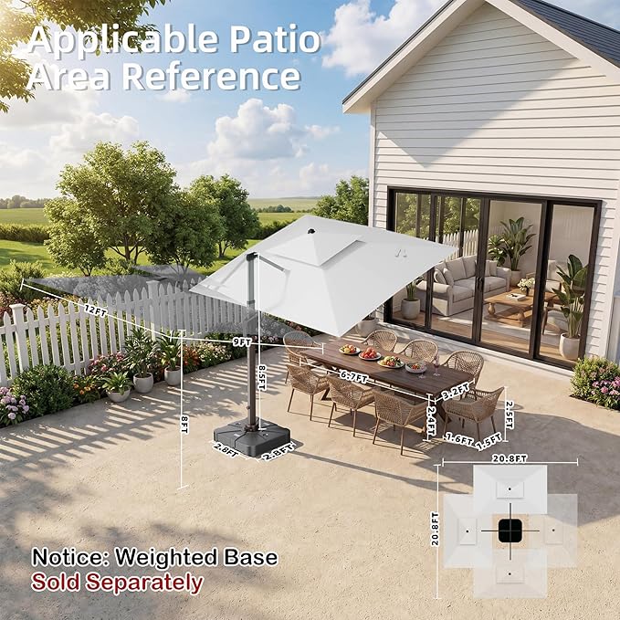 9' X 12' Patio Umbrella with LED Lights Outdoor Cantilever Large Rectangle Offset Umbrellas Heavy Duty Aluminum Double Top with 360-degree Rotation for Pool Garden Deck, Fog Grey