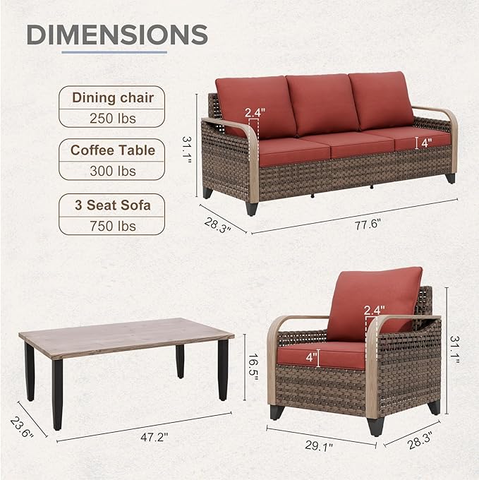 COOS BAY Modern Wicker Outdoor Furniture Set, 4 Piece Patio Conversation Set with 2 Patio Chairs, a 3 Seat Couch and Side Table, 4 Piece, Brown/Red