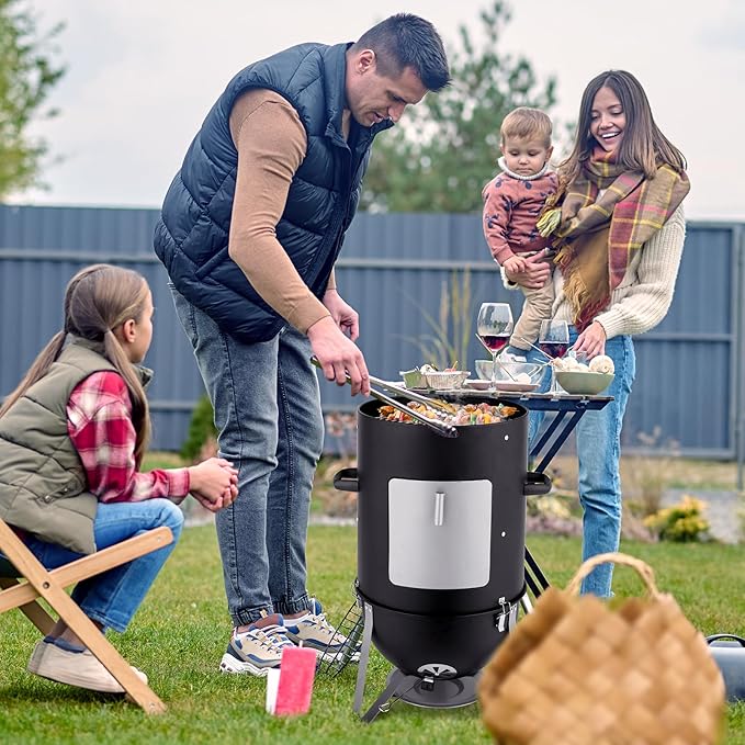 46.8" Vertical Steel Charcoal Smoker Grill,Heavy Duty BBQ Grills,Outdoor Camping Backyard Barbecue Grill,Metal Barbecue Smokers,with Thermometer,for Patio Garden Beach Porch Lawn Yard (Black)