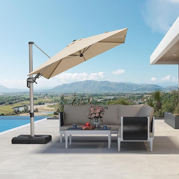 PURPLE LEAF 8' X 8' Left-right Tilting Patio Umbrella Outdoor Swivel Cantilever Umbrella Aluminum Offset Umbrella with Champagne Frame and 360-degree Rotation for Garden Deck Pool, Beige