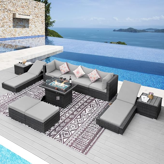 NICESOUL 11 Piece Sectional Outdoor Set with Firepit Loungers, Modern Large Backyard Seating with Fireplace, 29.3'' High-Back Patio Couch Sofa, All-Weather Wicker Furniture Sets for Deck, Light Grey