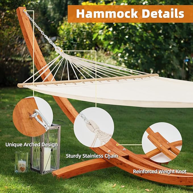 ECOTOUGE 14 FT Hammock with Stand, 2 Person Heavy Duty Hammock Stand, Large Hammock Bed for Porch, Patio, Balcony, Garden, Backyard, White-Yellow