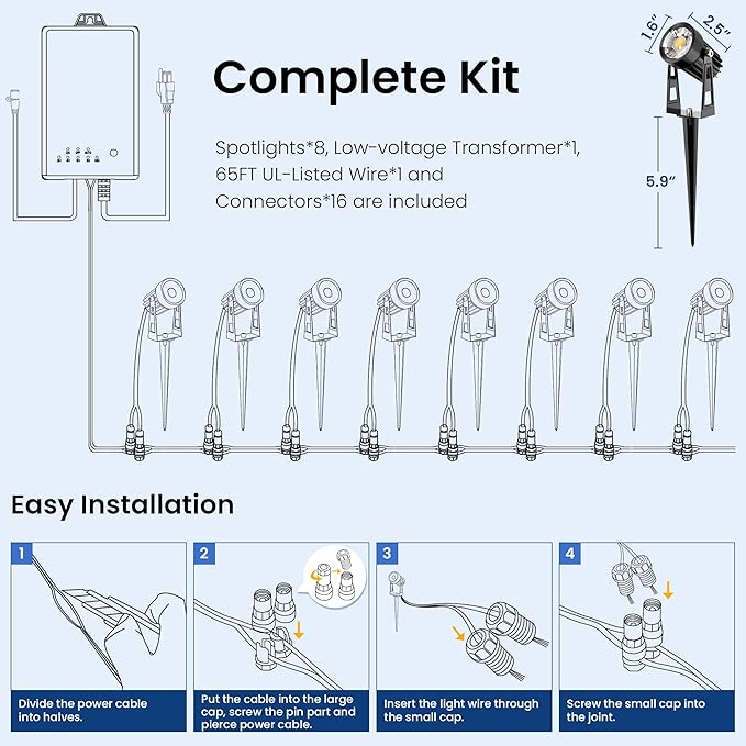 All-in-One Outdoor Low Voltage Landscape Lighting Kit, 8 Pack 3000K Landscape Spot Lights with 60W Transformer 65FT Wire, Waterproof Low Voltage Landscape Lights for Yard, Garden, Tree, Pathway, House