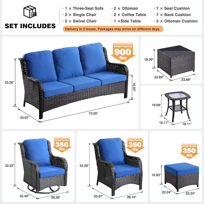 ovios 10 Pieces Patio Furniture Set with Swivel Rocking Chairs, Outdoor Wicker Sofa Couch Comfy Cushions, All Weather High Back Modern Conversation Set, Brown Rattan, Navy Blue