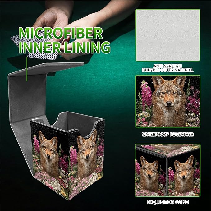 Flower Wolf Card Deck Box for MTG, Personalized Card Storage Case Fits 120+ Sleeved Cards, Premium Leather TCG Box with Strong Magnetic Closure for Magic, CCG, PTCG, Baseball Cards
