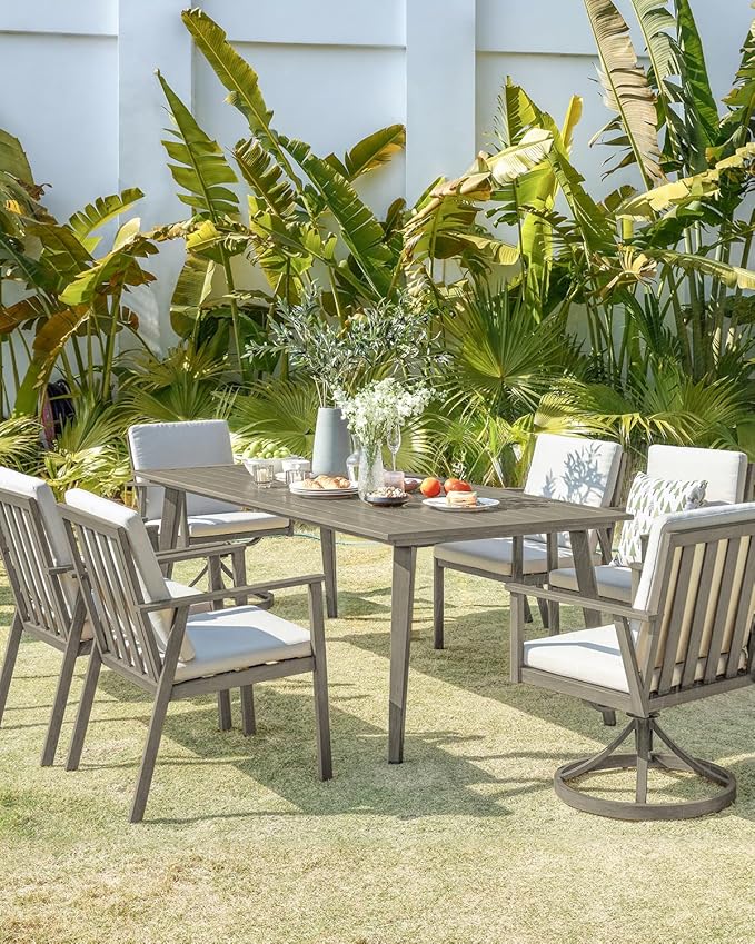 7 Pieces Outdoor Dining Set for 6, Never-Rust Aluminum Patio Swivel Dining Set with 2.2" Umbrella Hole, Outdoor Patio Furniture Set with 2 Swivel Chairs for Decks, Garden, Pool, Limed Oak