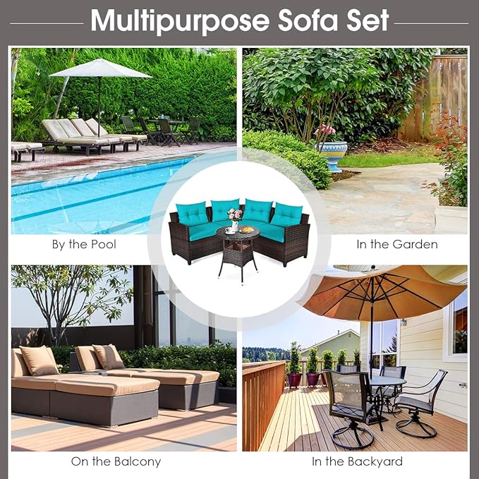 HAPPYGRILL 4 Pieces Patio Furniture Set Outdoor Rattan Wicker Conversation Set with Cushioned Sofas and Coffee Table, L-Shape Sectional Curved Sofa Set for Garden Poolside Balcony