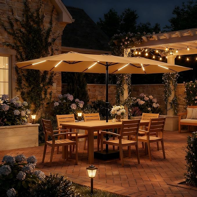 15FT Patio Umbrella with Solar Light Bar, Large Double-Sided Outdoor Table Umbrella with Base, Crank, Steel Ribs and Pole for Patio, Beach Sun Umbrellas for Backyard, Poolside, Beige